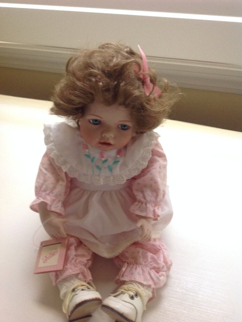Vintage Porcelain Doll in Pink Dress with Lace Collar